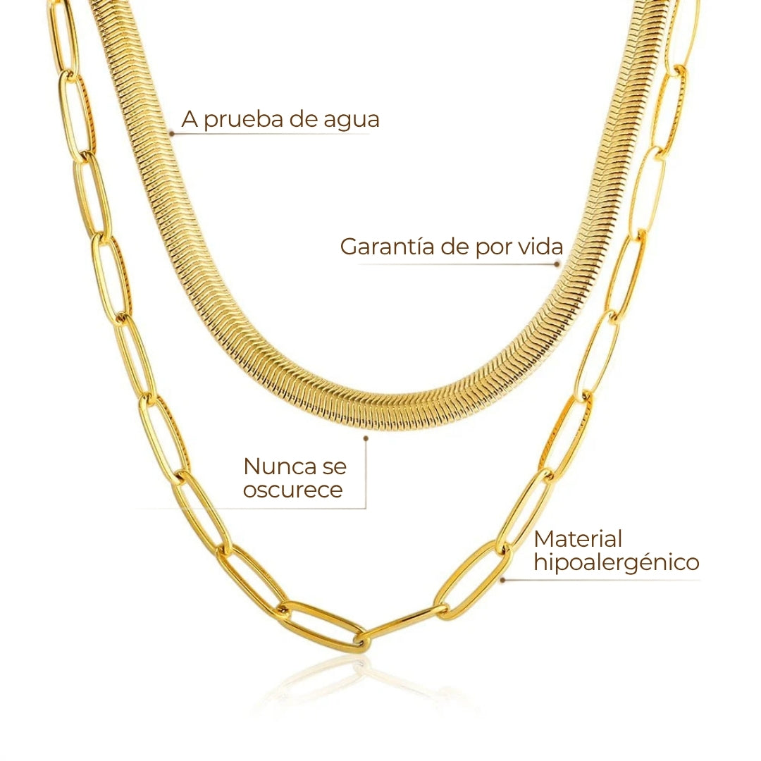Collar doble ZAYA con cadena serpiente y cadena cartier, baño de oro 18K; a prueba de agua, no se oscurece, hipoalergénico y con garantía de por vida.