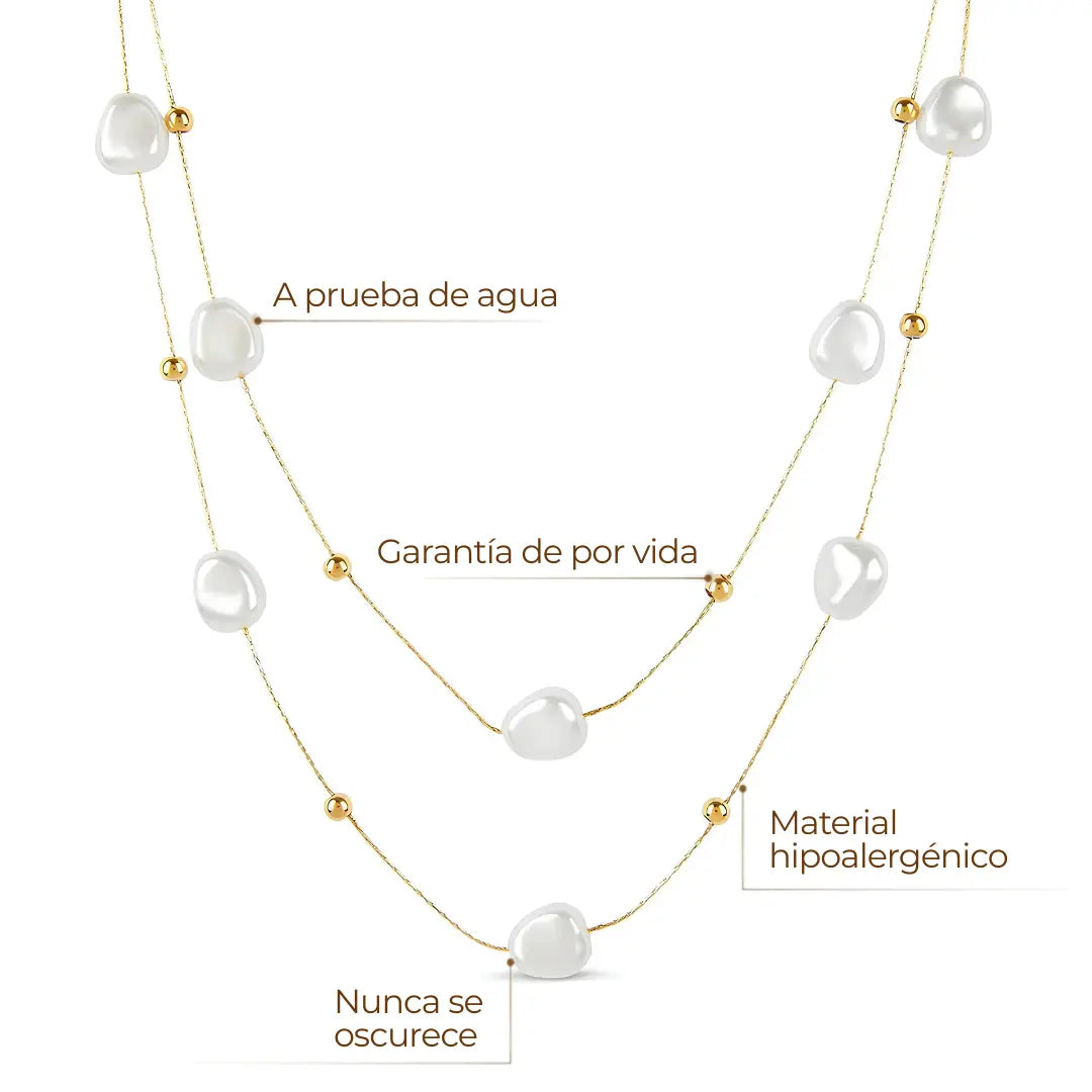 Collar doble ZAYA con perlas irregulares y esferas doradas, baño de oro 18K; hipoalergénico, a prueba de agua y con garantía de por vida