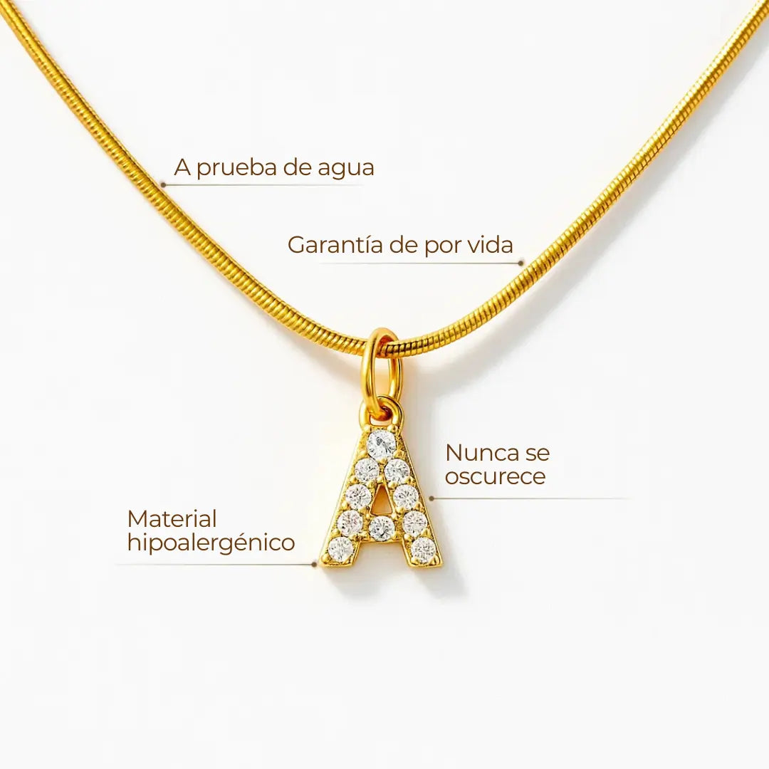 Collar ZAYA con letra inicial en pavé de zirconias, baño de oro 18K; hipoalergénico, a prueba de agua y con garantía de por vida.