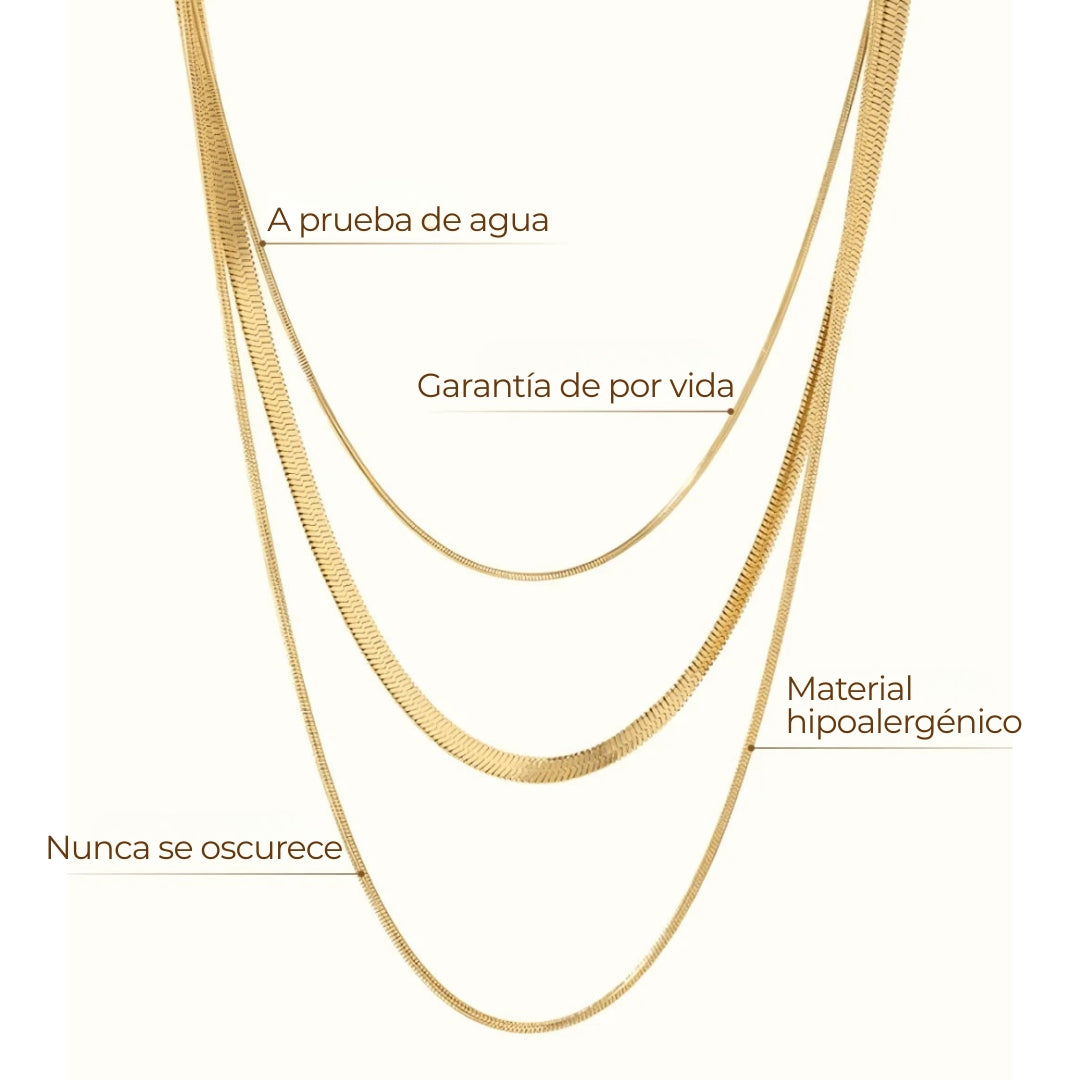 Collar ZAYA de malla estilo snake en 3 capas, baño de oro 18K; a prueba de agua, no se oscurece, hipoalergénico y con garantía de por vida.
