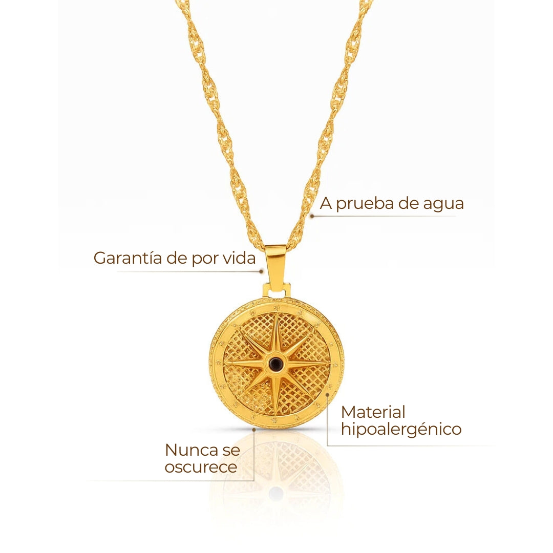 Collar ZAYA con dije Rosa de los Vientos y zirconia negra, baño de oro 18K; a prueba de agua, no se oscurece, hipoalergénico y con garantía de por vida.