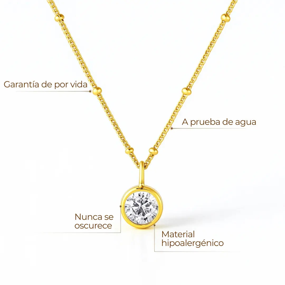 Collar ZAYA con dije solitario de cristal CZ de 9 mm y cadena con mini esferas, baño de oro 18K; hipoalergénico, a prueba de agua y con garantía de por vida