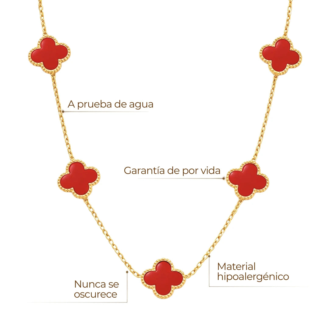 Collar ZAYA con tréboles rojos esmaltados y borde texturizado, acero inoxidable, baño de oro 18K; hipoalergénico, a prueba de agua y con garantía de por vida.