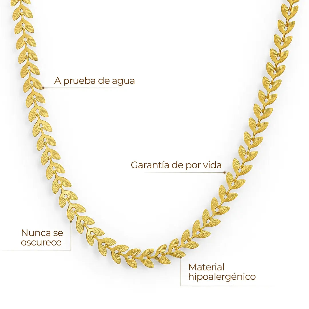 Gargantilla ZAYA tipo laurel con eslabones de hojas texturizadas, baño de oro 18K; hipoalergénica, a prueba de agua y con garantía de por vida
