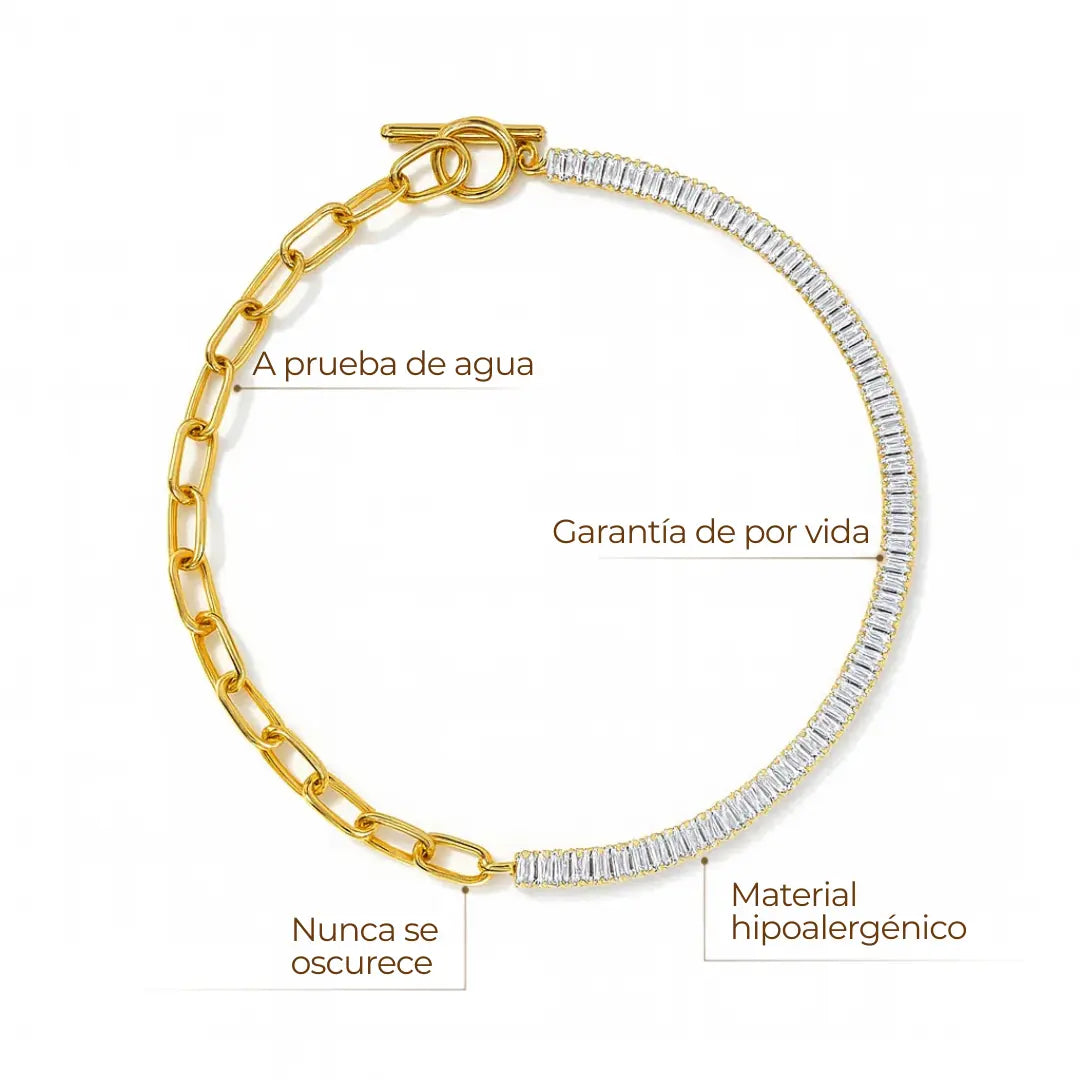 Gargantilla ZAYA media cadena paperclip y media riviera de circonias baguette, baño de oro 18K; ajustable, hipoalergénica y a prueba de agua con garantía de por vida.