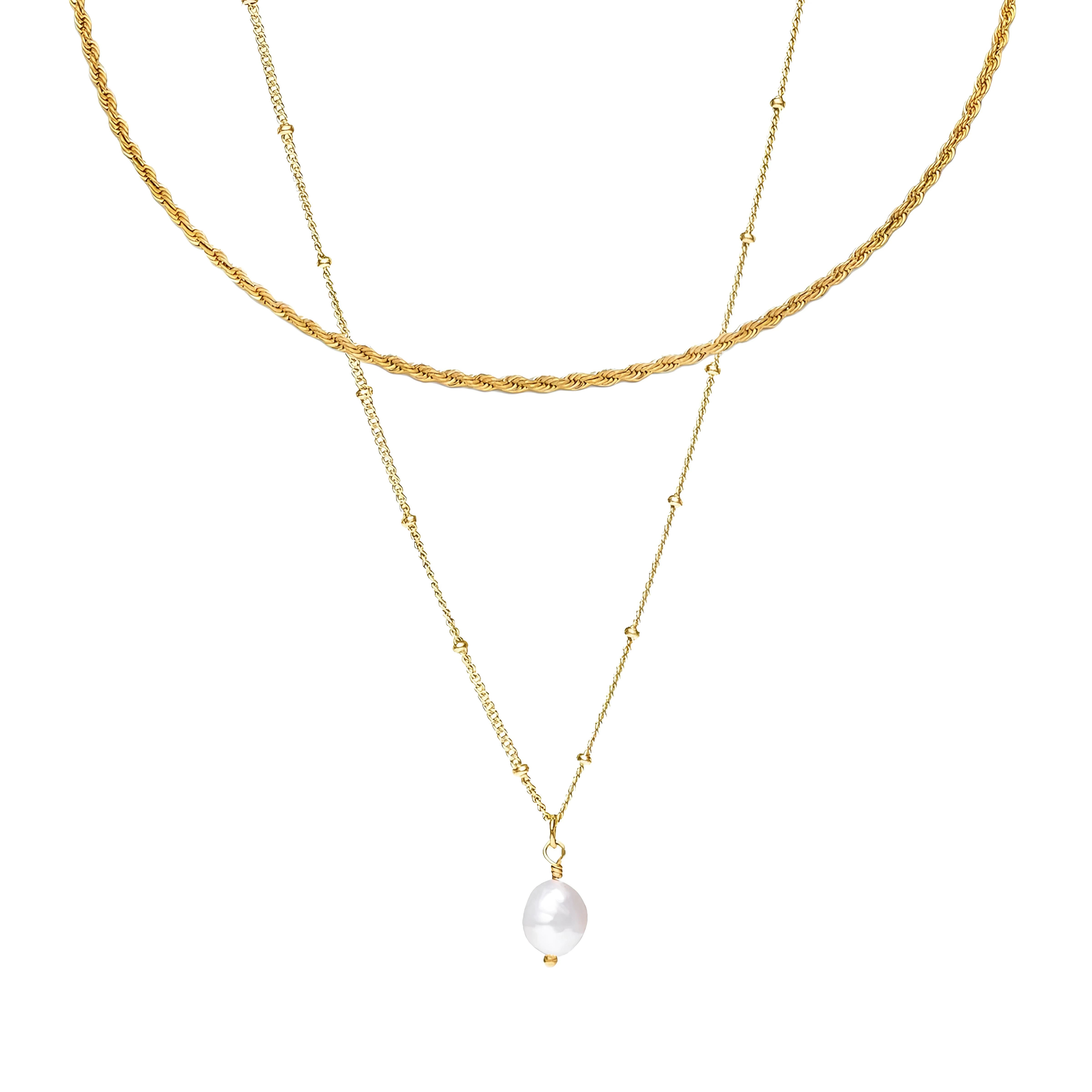 Set Collar Doble ZAYA: gargantilla cadena cuerda y collar con perla barroca de agua dulce, baño de oro 18K; a prueba de agua, no se oscurece, hipoalergénico y con garantía de por vida.