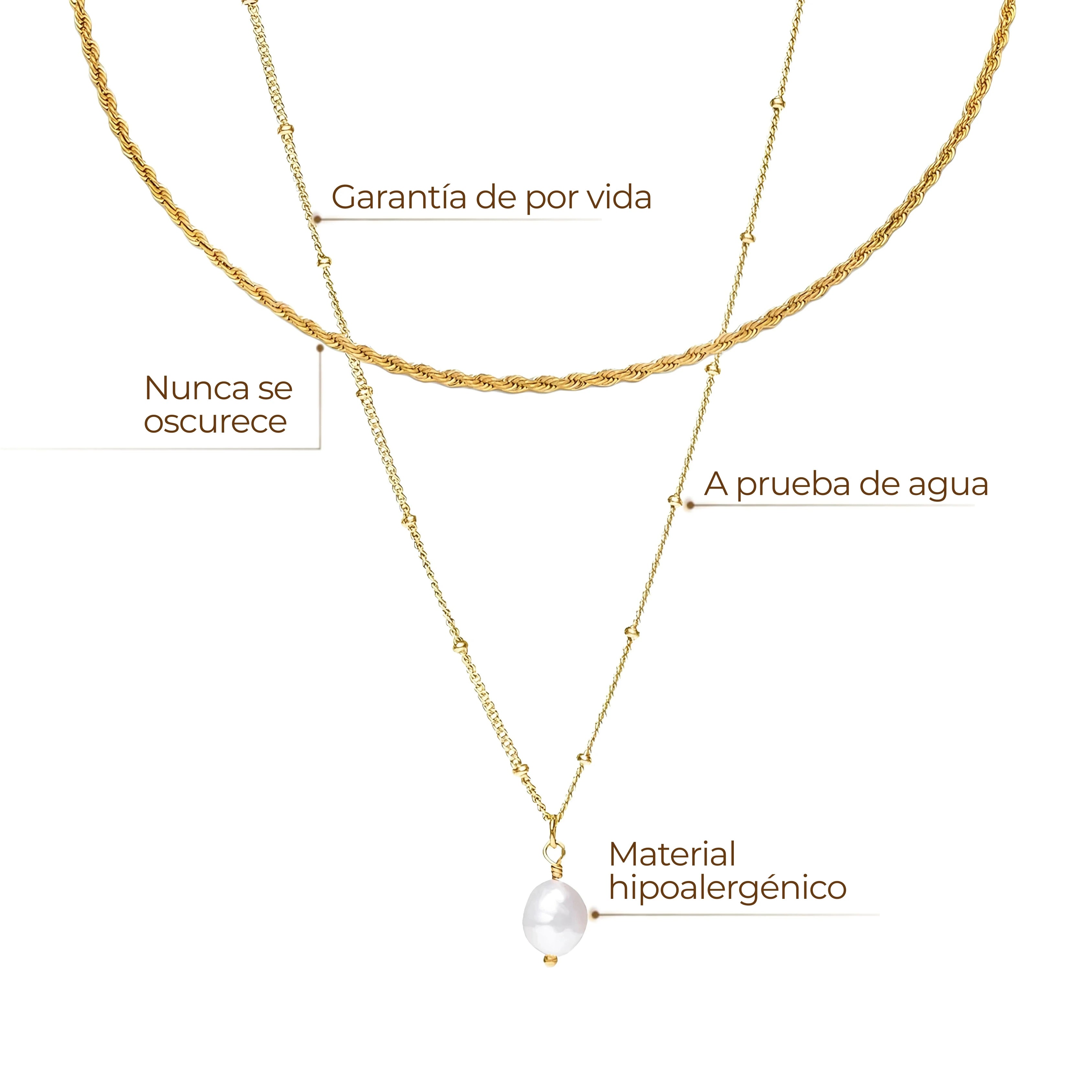 Set Collar Doble ZAYA: gargantilla cadena cuerda y collar con perla barroca de agua dulce, baño de oro 18K; a prueba de agua, no se oscurece, hipoalergénico y con garantía de por vida.