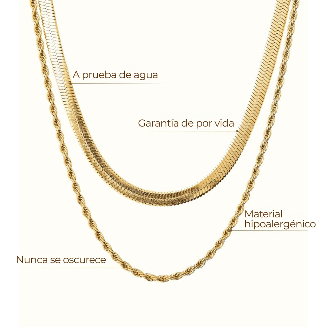 Mix Collar Melina ZAYA: set en capas con cadena malla snake y cadena cuerda, baño de oro 18K; a prueba de agua, no se oscurece, hipoalergénico y con garantía de por vida.