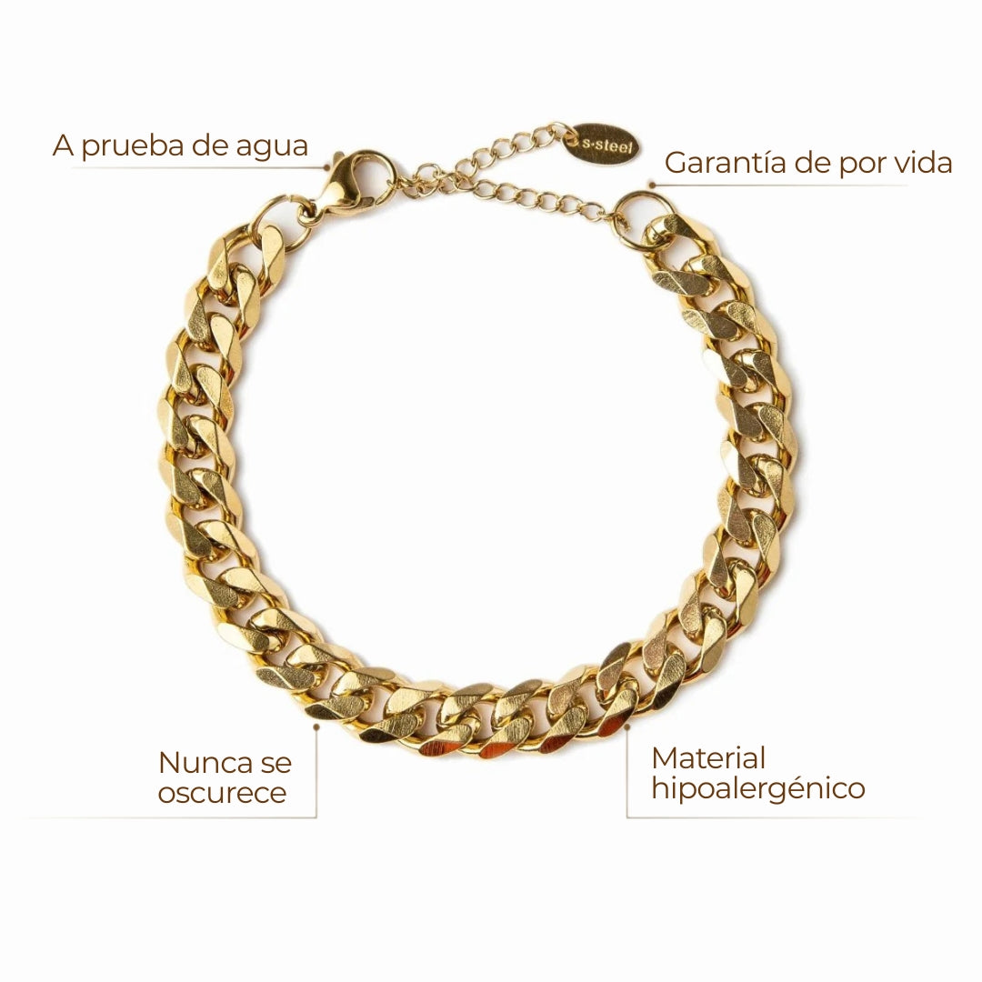 Pulsera ZAYA cadena grumet Petra dorada, baño de oro 18K; a prueba de agua, no se oscurece, hipoalergénica y con garantía de por vida.