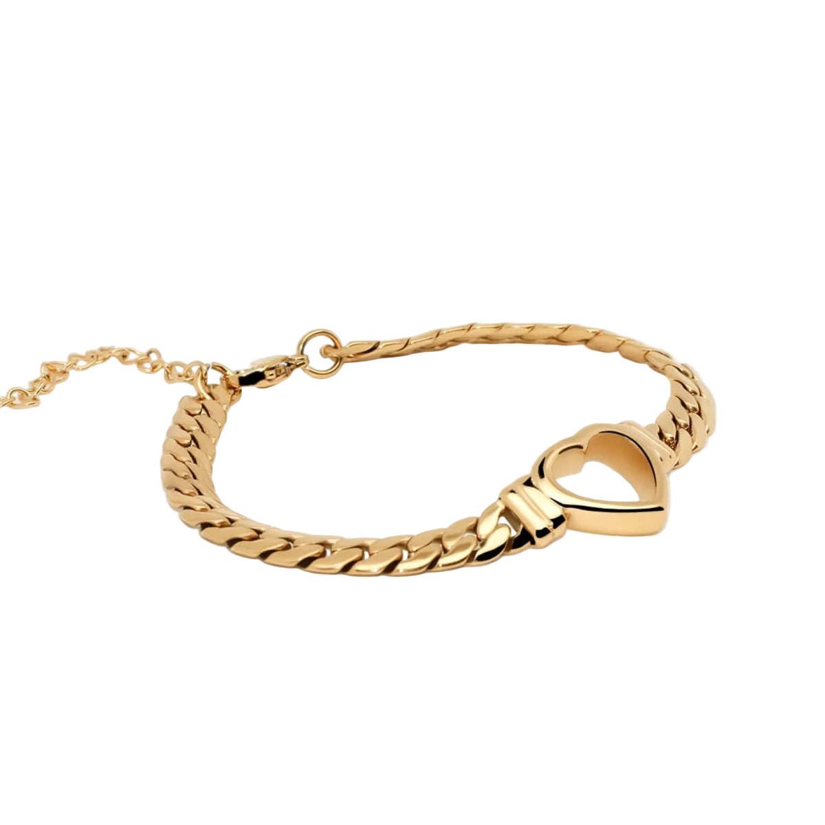 Pulsera ZAYA de eslabones con dije de corazón calado y extensor, baño de oro 18K; a prueba de agua, no se oscurece, hipoalergénica y con garantía de por vida.