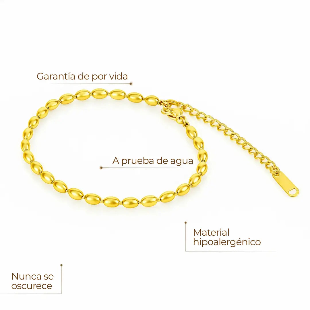 Pulsera ZAYA de esferas pulidas, baño de oro 18K, ajustable; hipoalergénica, a prueba de agua y con garantía de por vida