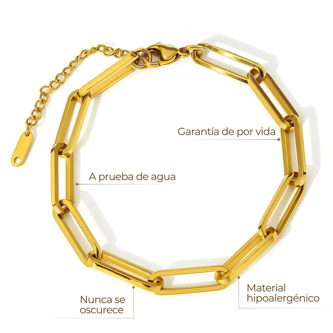 Pulsera ZAYA de eslabones tipo paperclip, baño de oro 18K; hipoalergénica, a prueba de agua, no se oscurece y con garantía de por vida