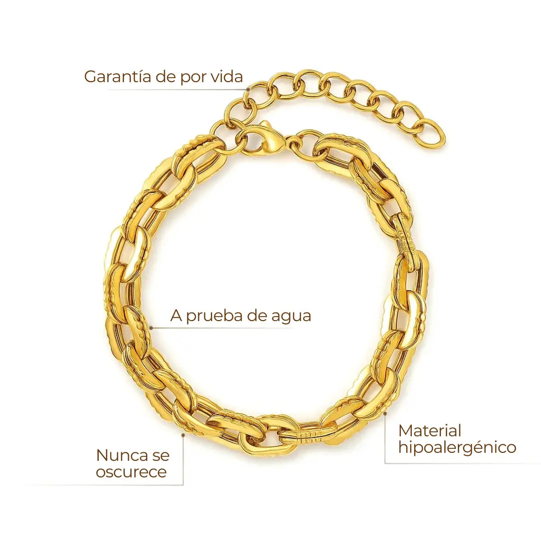 Pulsera ZAYA de eslabones chunky con textura combinada, baño de oro 18K; hipoalergénica, a prueba de agua y con garantía de por vida
