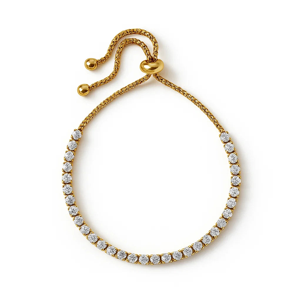 Pulsera ZAYA tipo riviera con circonias y cierre ajustable, baño de oro 18K; hipoalergénica, a prueba de agua y con garantía de por vida