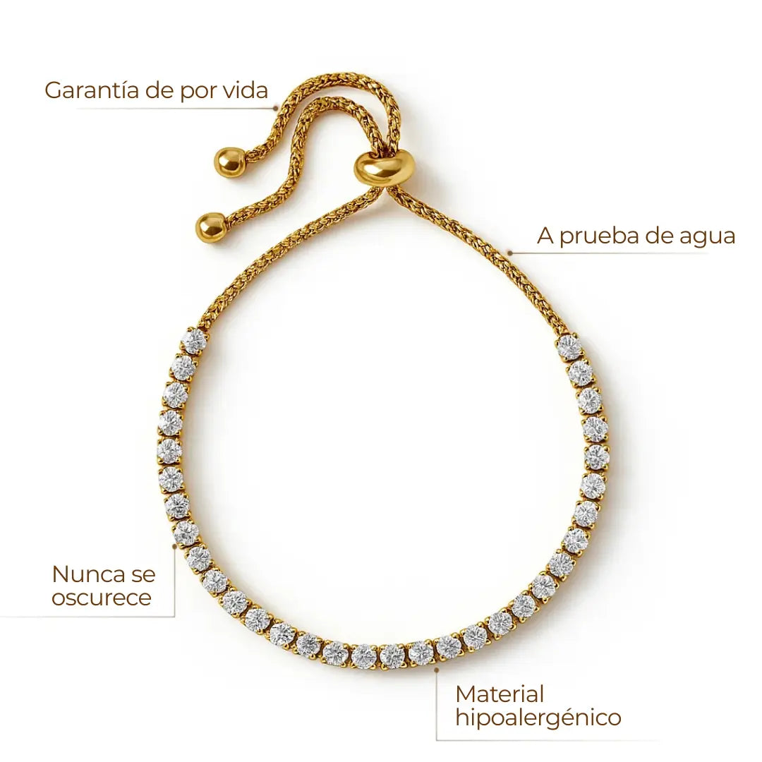 Pulsera ZAYA tipo riviera con circonias y cierre ajustable, baño de oro 18K; hipoalergénica, a prueba de agua y con garantía de por vida