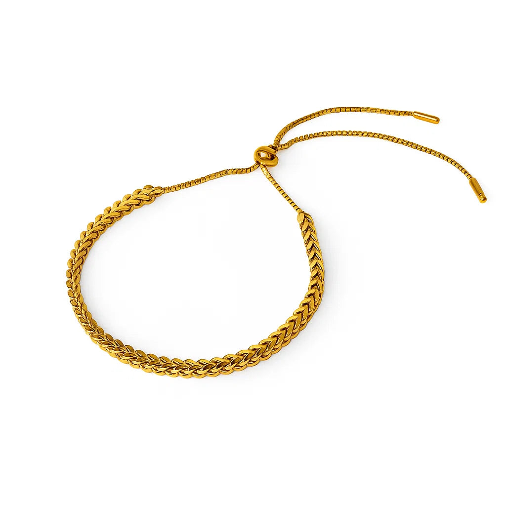 Pulsera ZAYA trenzada ajustable con deslizable, baño de oro 18K; a prueba de agua, no se oscurece, hipoalergénica y con garantía de por vida.