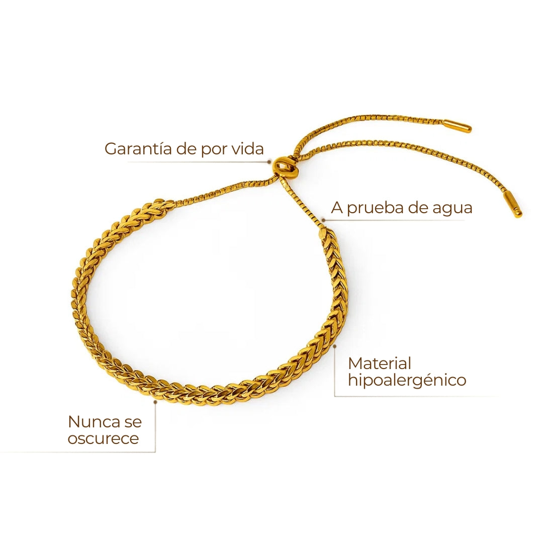 Pulsera ZAYA trenzada ajustable con deslizable, baño de oro 18K; a prueba de agua, no se oscurece, hipoalergénica y con garantía de por vida.
