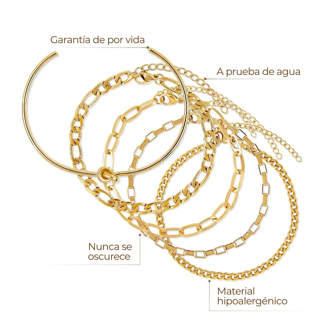 Set ZAYA con 5 pulseras doradas y brazalete rígido de nudo, baño de oro 18K; cadenas figaro, paperclip, cuadrada y curb; ajustables, hipoalergénicas y con garantía de por vida