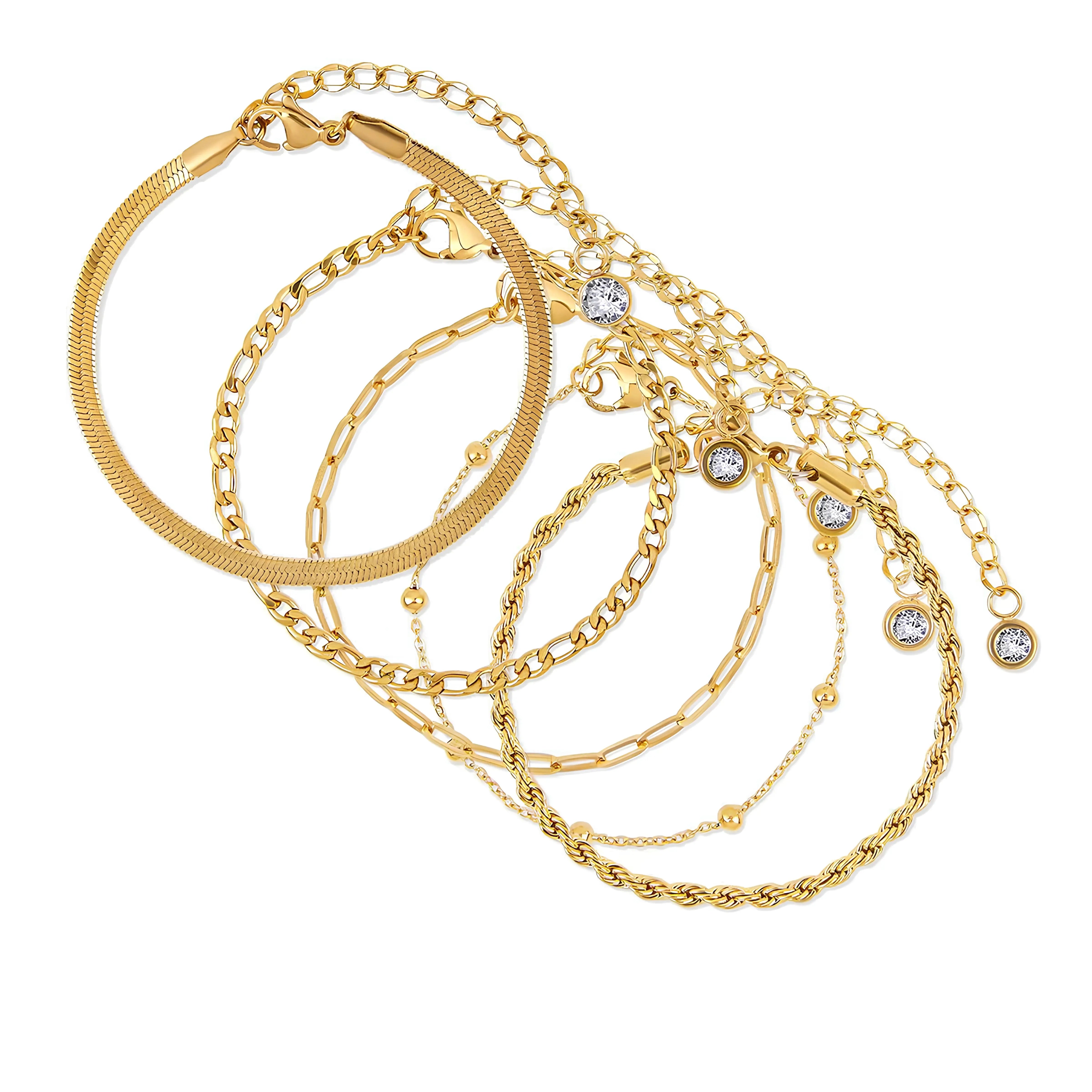 Set 5 Pulseras Glam con Zirconias – Baño de Oro 18K