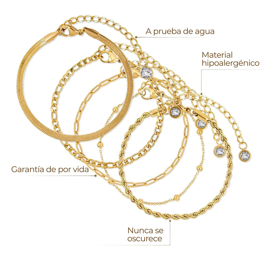 Set 5 Pulseras Glam con Zirconias – Baño de Oro 18K