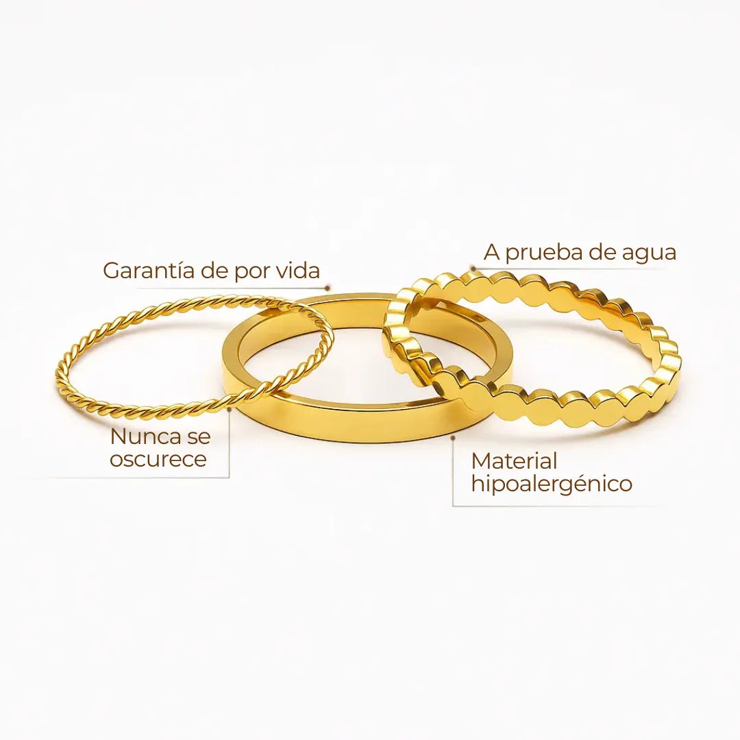 Set de 3 anillos dorados “Daily” (martillado, bolitas y torcido) en acero inoxidable 316L con baño de oro 18K, resistentes al agua.