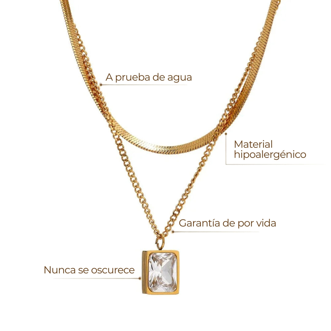 Set Collar París ZAYA: cadena serpiente y cadena con dije de cristal rectangular, baño de oro 18K; a prueba de agua, no se oscurece, hipoalergénico y con garantía de por vida.