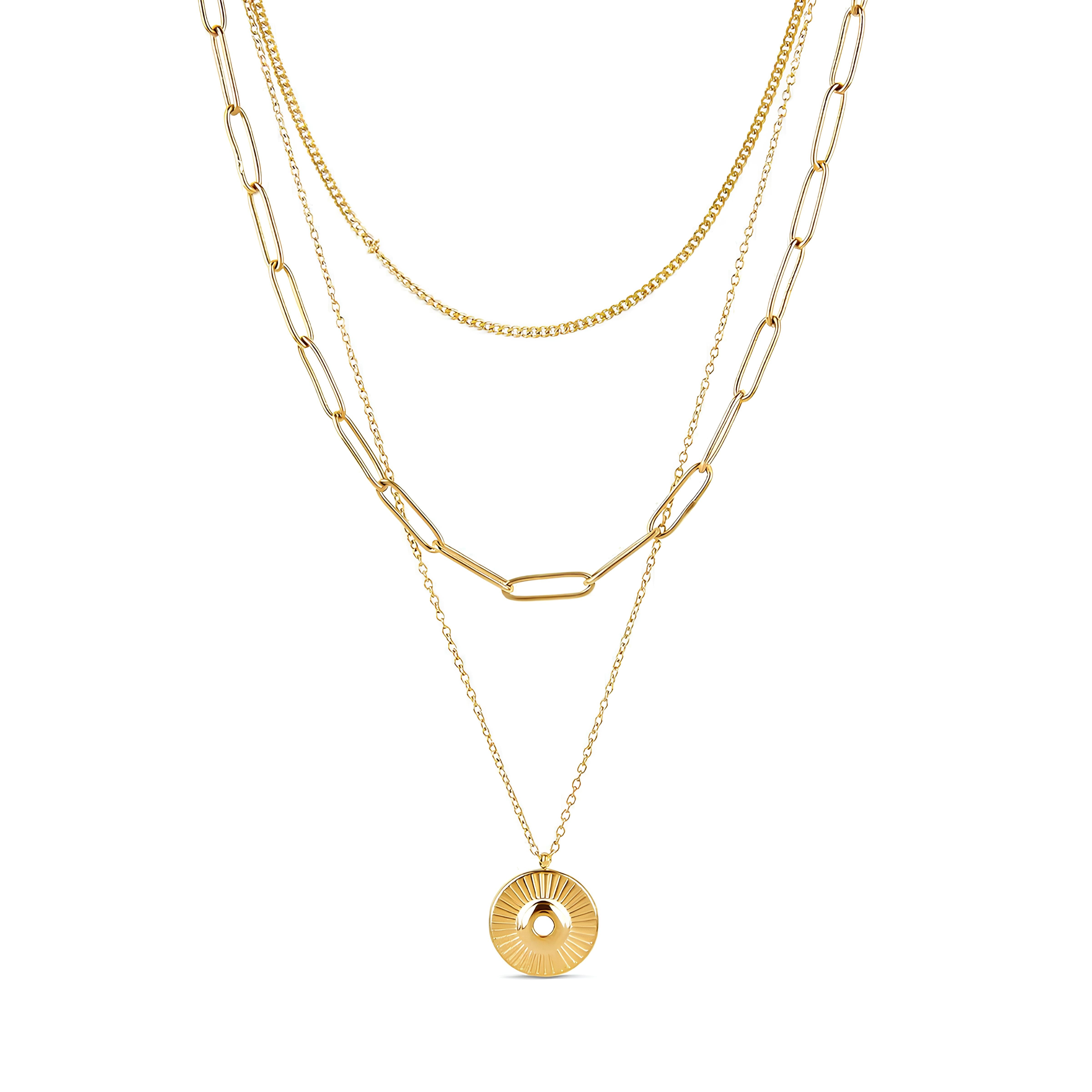 Set ZAYA de collar en capas con cadena de eslabones alargados y medallón dorado, baño de oro 18K; hipoalergénico, a prueba de agua y con garantía de por vida.