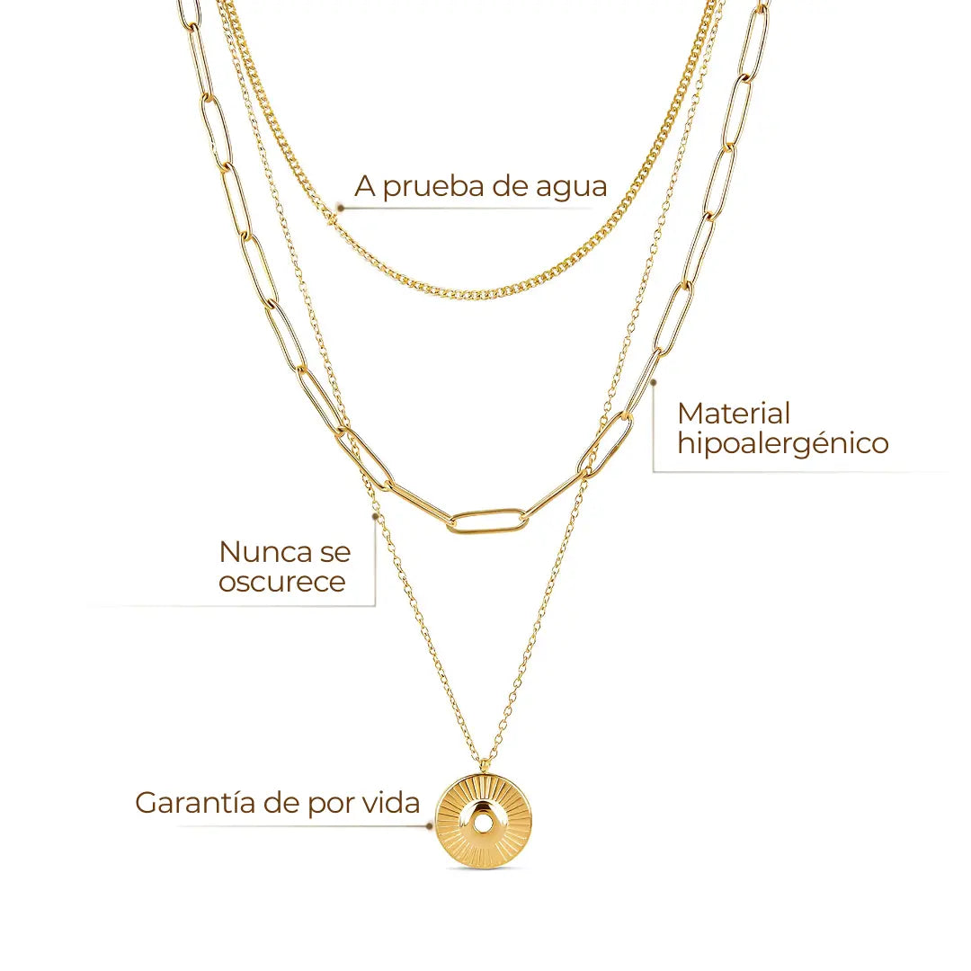 Set ZAYA de collar en capas con cadena de eslabones alargados y medallón dorado, baño de oro 18K; hipoalergénico, a prueba de agua y con garantía de por vida.