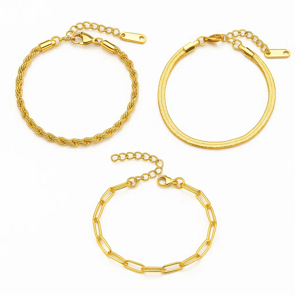 Set ZAYA de 3 pulseras (cuerda, serpiente y cartier) en baño de oro 18K; a prueba de agua, no se oscurecen, hipoalergénicas y con garantía de por vida.
