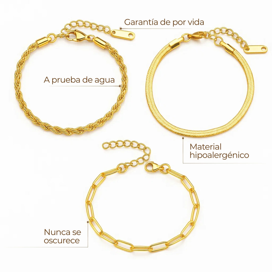 Set ZAYA de 3 pulseras (cuerda, serpiente y cartier) en baño de oro 18K; a prueba de agua, no se oscurecen, hipoalergénicas y con garantía de por vida.